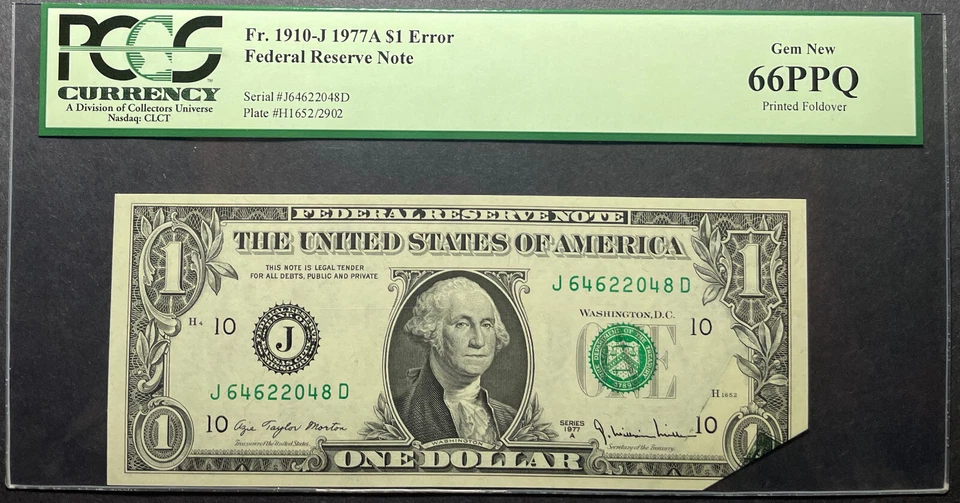 $1 1977A Mated Set of 5 Notes - Printed Fold w/ Partial F2B Offset Errors - PCGS - Image 3 of 4