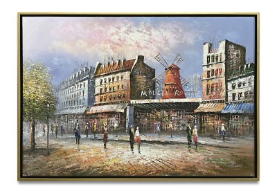 NY Art-Original Oil Painting of Moulin Rouge on Canvas Framed 24x36
