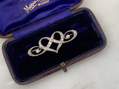 Broche eduardiano diamante, detalle corazón platino y montura dorada - Imagen 14 de 15