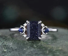 Octagon Cut Natural Galaxy Sandstone & Lab Blue Sapphire Moissanite Silver Ring