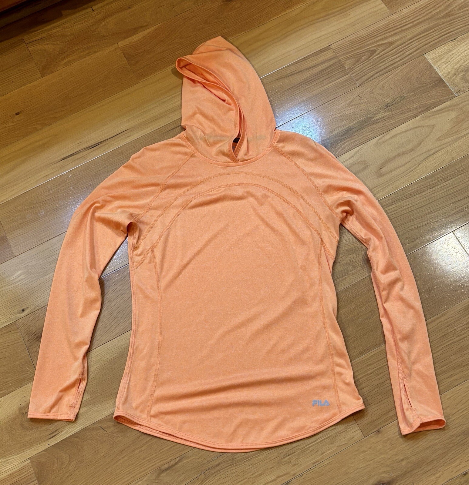 Felpa con cappuccio Fila donna taglia M arancione corsa palestra abbigliamento attivo foro pollice casual