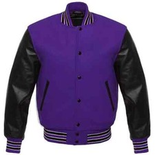 Premium Quality Trending 'XL' Purple Wool & Genuine Black Leather Sleeves Jacket