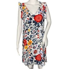 Loft Dress Women XS White Multi Floral Flower Shift Dress Ruffle Sleeve Colorful