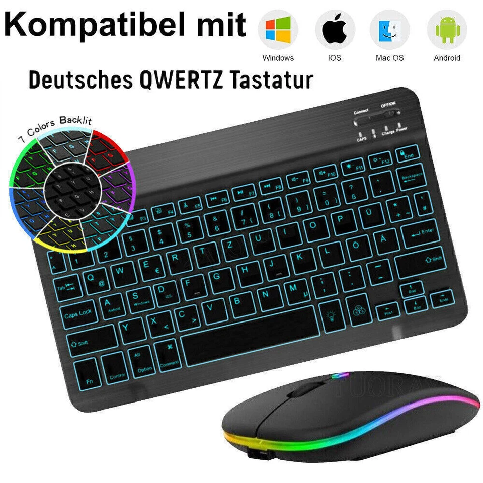 Bluetooth Beleuchtete Tastatur Keyboard Maus für PC Handy Tablet QWERTZ Layout - Bild 2 von 4