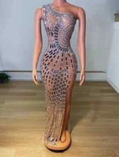 Women Singel Shoulder Shining Silver Mirrors Rhinestone Dress Party Prom Costome