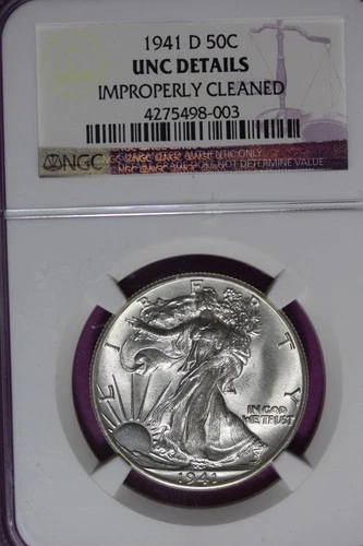 1941 D NGC UNC DETAILS IMPROPERLY CLEANED WALKING LIBERTY HALF DOLLAR #B51626
