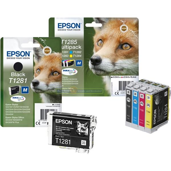 5 Original Epson Druckerpatronen T1281 T1285 Multipack Fuchs Serie Schwarz Farbe-image