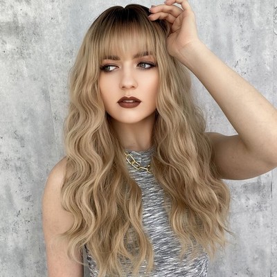 26 Inch Dark Golden Wavy Long Curly Full Head Wig For Women Rose Cap Machine