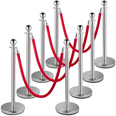 Heavy Duty 8-Piece Stanchion Set: 201SS Posts + Concrete Bases + Red Ropes