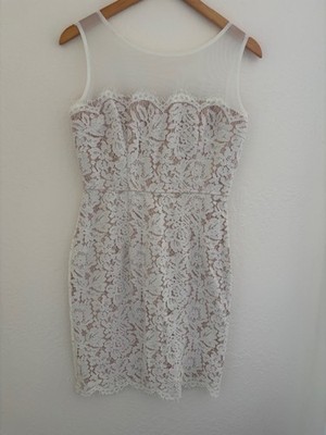 Lulus M White Floral Lace Mesh Wide Strap Round Neck Mini Bodycon Dress Side Zip