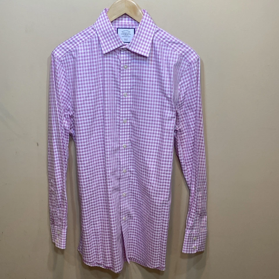 Camisa de vestir Charles Tyrwhitt para hombre calce ajustado con botones 16 35 L rosa a cuadros Foto 2 de 4