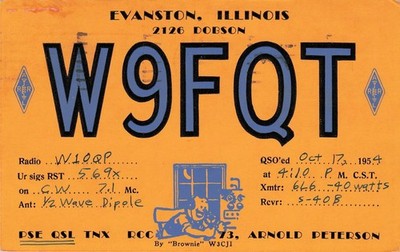 1954 QSL: W9FQT   Arnold Peterson   2126 Dobson Street - Evanston, Illinois