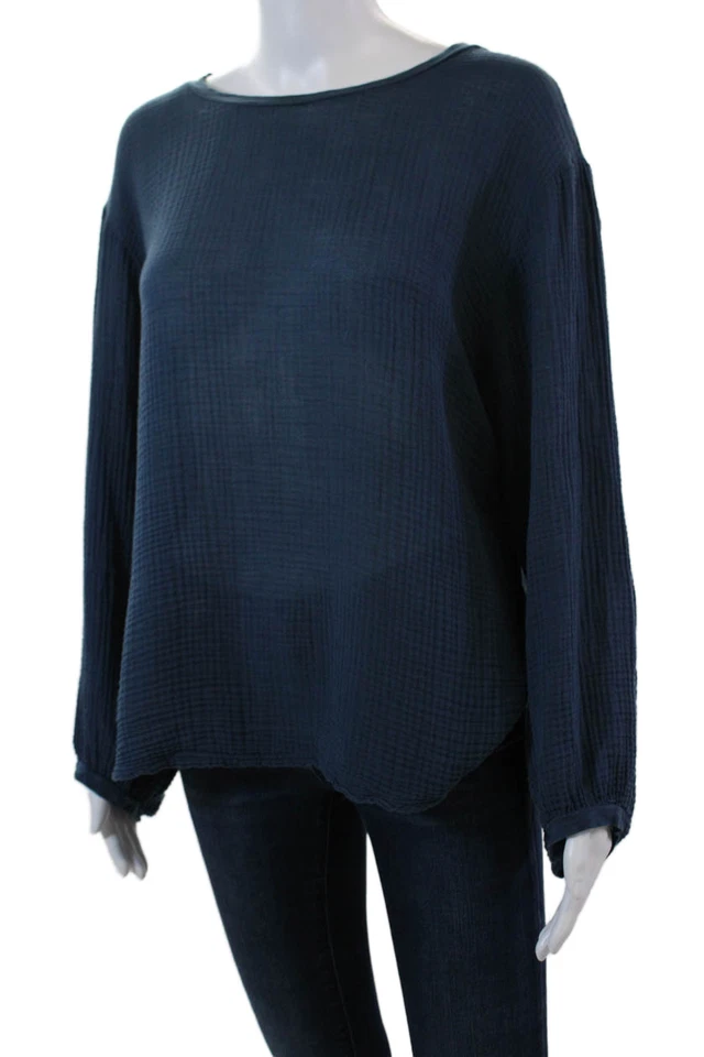 Top informal de terciopelo para mujer de algodón manga larga cuello redondo azul talla M Foto 2 de 4