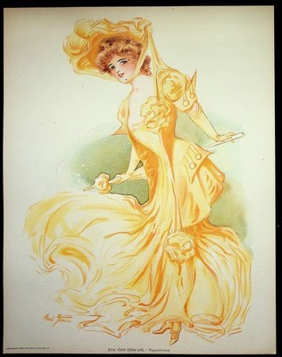 Maud Stamm Gray Lithograph Print 1907 New York Show Girl Hippodrome Yellow Dress