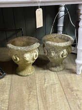 Pair of Cast Stone Garden Urns with Lion Mask Decoration