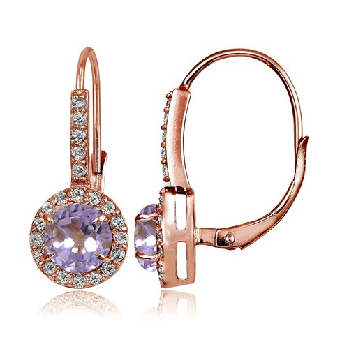 Rose Gold Flashed Sterling Silver Amethyst and CZ Round Leverback Earrings - Picture 1 of 4