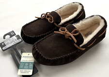 FIRESIDE by DEARFOAM Brown Suede Moc Toe Shearling Slip On Slippers Mens 11 NEW