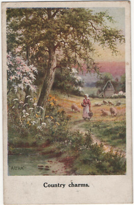 Postkarte einer Frau auf einer Wiese an einem Fluss ''Land Charms'' Alpha. Nr. 2640