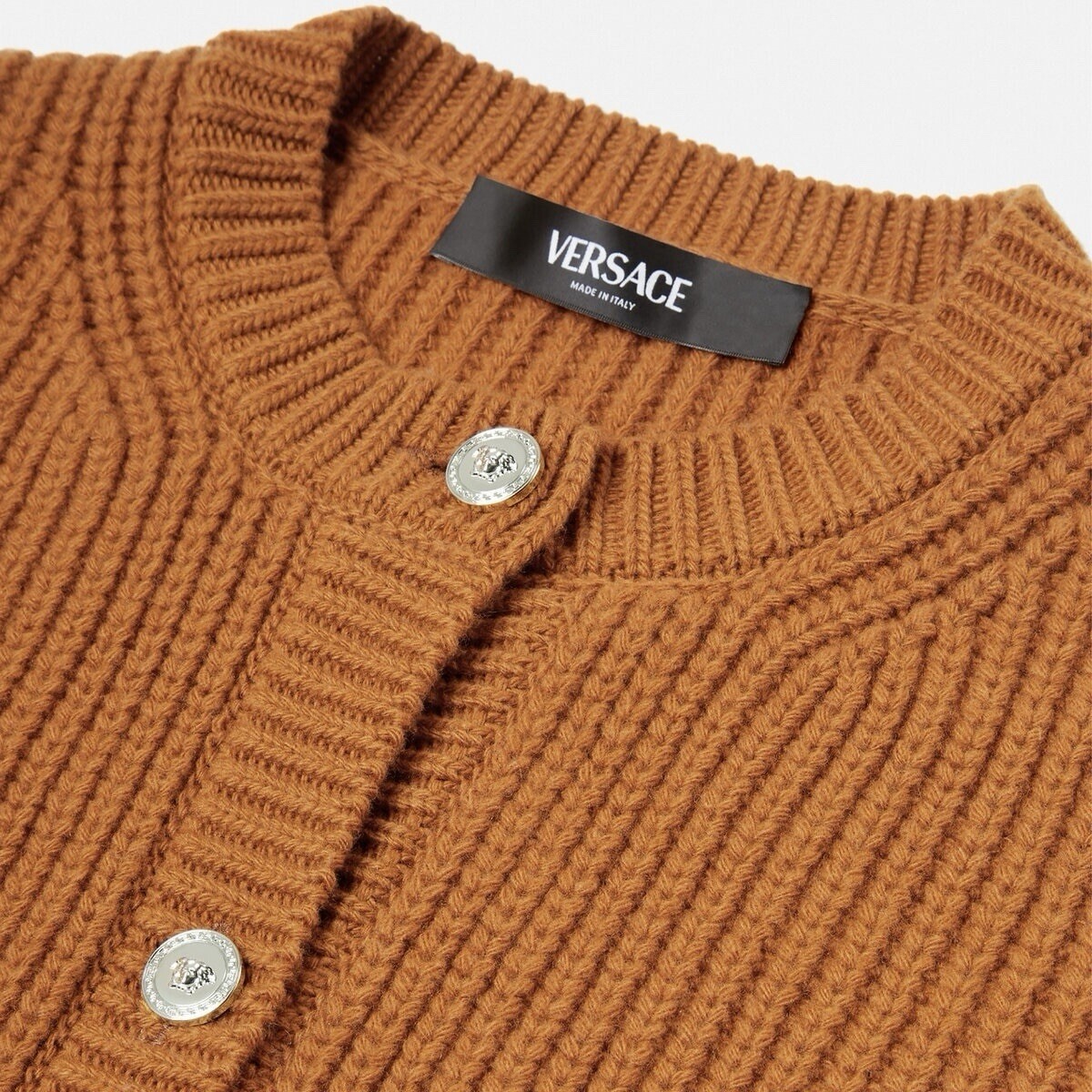 Versace Brown Wool Knit Cardigan Sweater Distressed Hem IT Versace Brown Wool Knit Cardigan Sweater Distressed Hem IT