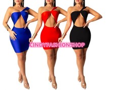 USA Women One Shoulder Cut Out Above Knee Party Club  Wear Short Mini Dress  #S