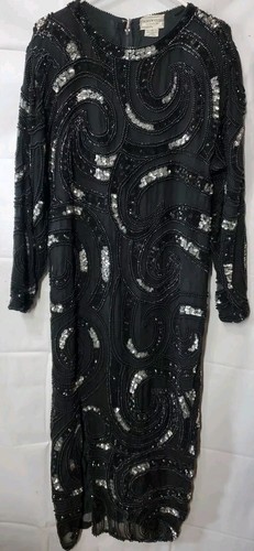 Abito in seta con perline nero e argento sera abito formale casa di moda Houston taglia S - Foto 3 di 12