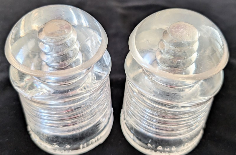 2 VINTAGE PYREX INSULATORS CLEAR GLASS. USA. 4" TALL