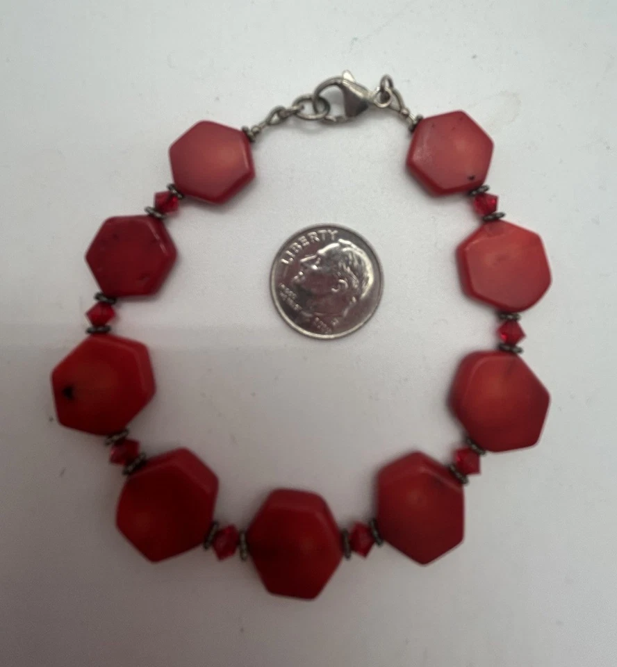 Pulsera gruesa de coral rojo con cuentas hexagonales de plata de ley 925 vintage Foto 2 de 4