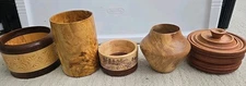 Lot of 5 HAND TURNED & CARVED Vases, pencil holder, lidded bowl, Various Artists