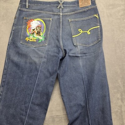 Lifted Research Group LRG Jeans 40x33 Blue Denim Embroidered Indian Chief Pocket