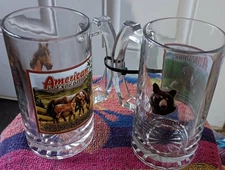 American Expedition Heavy Glass Beer Mugs- Black Bear & Mustang Set Of 2 