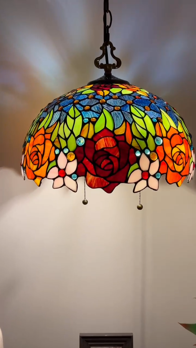 Tiffany Style Pendant Lighting Plug In Stained Glass Rose Flowers