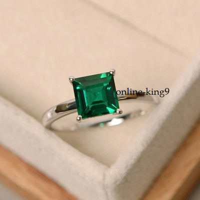 2Ct Princess Lab Grown Emerald Women's Ring 14K Solid White Gold With Certified