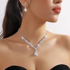 Wedding Bridal Jewelry Set Cubic Zirconia Necklace Earrings Silver Tone Women 80