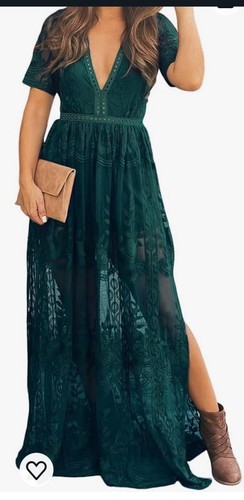 Eleter XL Lace Dark Green Maxi Short Sleeve Party Dress Boho Waisted Embroidery - Picture 8 of 11