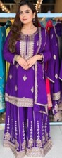 Bollywood Look Chinnon Silk Purple Kurta Palazzo With Dupatta For Festival Wear