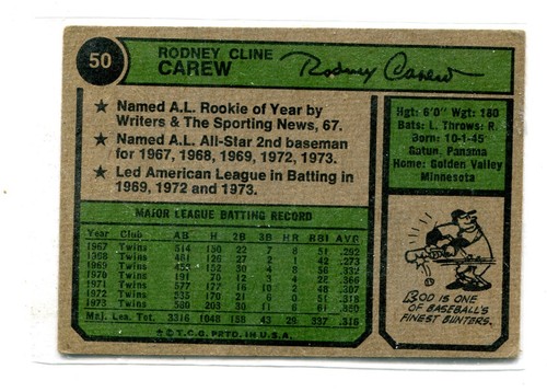 Topps Rod Carew 1974 #50 de la corte Minnesota Twins (ver escaneos para ver estado) b - Imagen 2 de 2