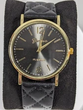 Geneva Platinum Black Dial Round Gold Tone Case Black Faux Leather Band Watch