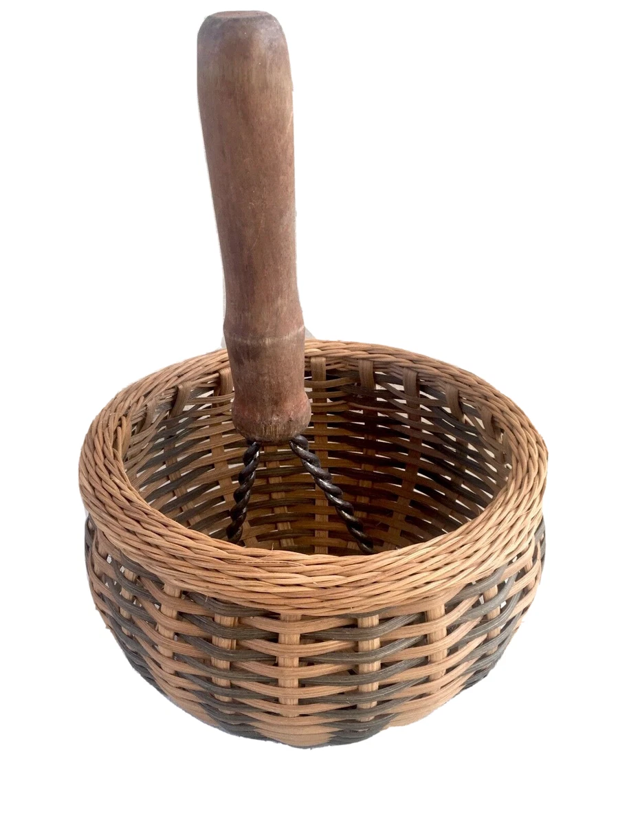 Hand Woven Signed Wicker Basket Vintage Potato Masher Handle