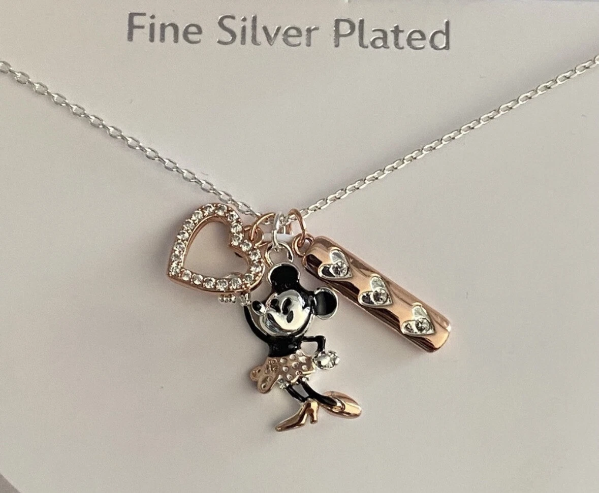 Disney Minnie Mouse Hearts Charms 100th Anniversary Fine Silver Plated Necklace
