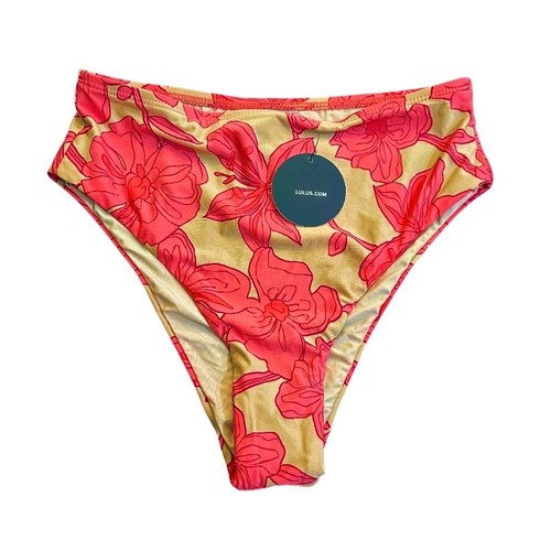 NEW LULUS Bikini Swimsuit Bottom XS Tan Coral Floral Tropical High Waist Beachy - Picture 2 of 6