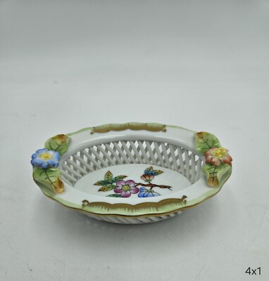 Herend Queen Victoria Small Oval Open Weave Basket Trinket Dish 4'' Long 1'' Tall