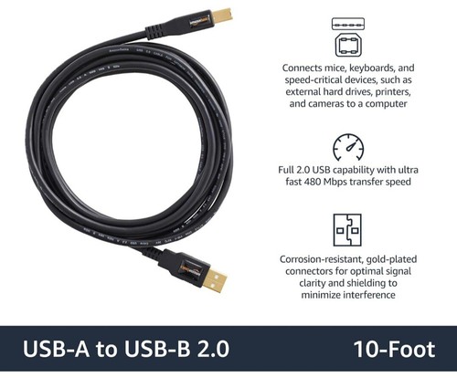 Cable New USB-A to USB-B 2.0 Printer Connection External Hard Drive Gold Plated - Picture 2 of 6