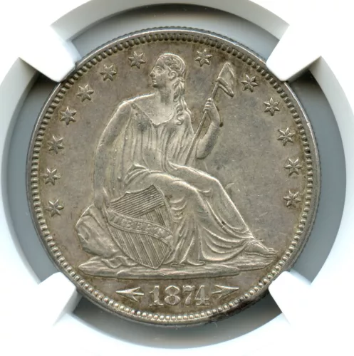 1874 Large Arrows WB102 Liberty Seated Half Dollar, NGC AU58