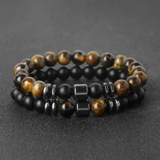 2Pcs/set Natural Stone Beads Bracelet Women Men Hematite Volcanic Lava Tiger Eye