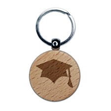 Graduation Cap Solid Engraved Wood Round Keychain Tag Charm