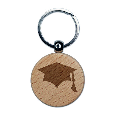Graduation Cap Solid Engraved Wood Round Keychain Tag Charm