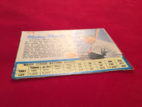 1962 Post Cereal #5 Mickey Mantle New York Yankees Corte en las líneas Medidas - Imagen 3 de 10