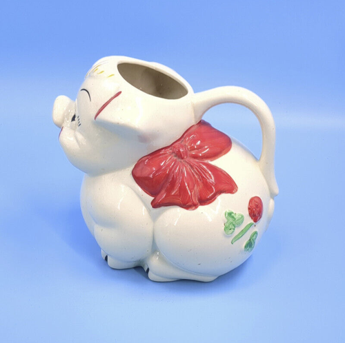 Shawnee Smiley the Pig Pitcher Red Flowers & Ribbon Piggy 1940's - Picture 6 of 9