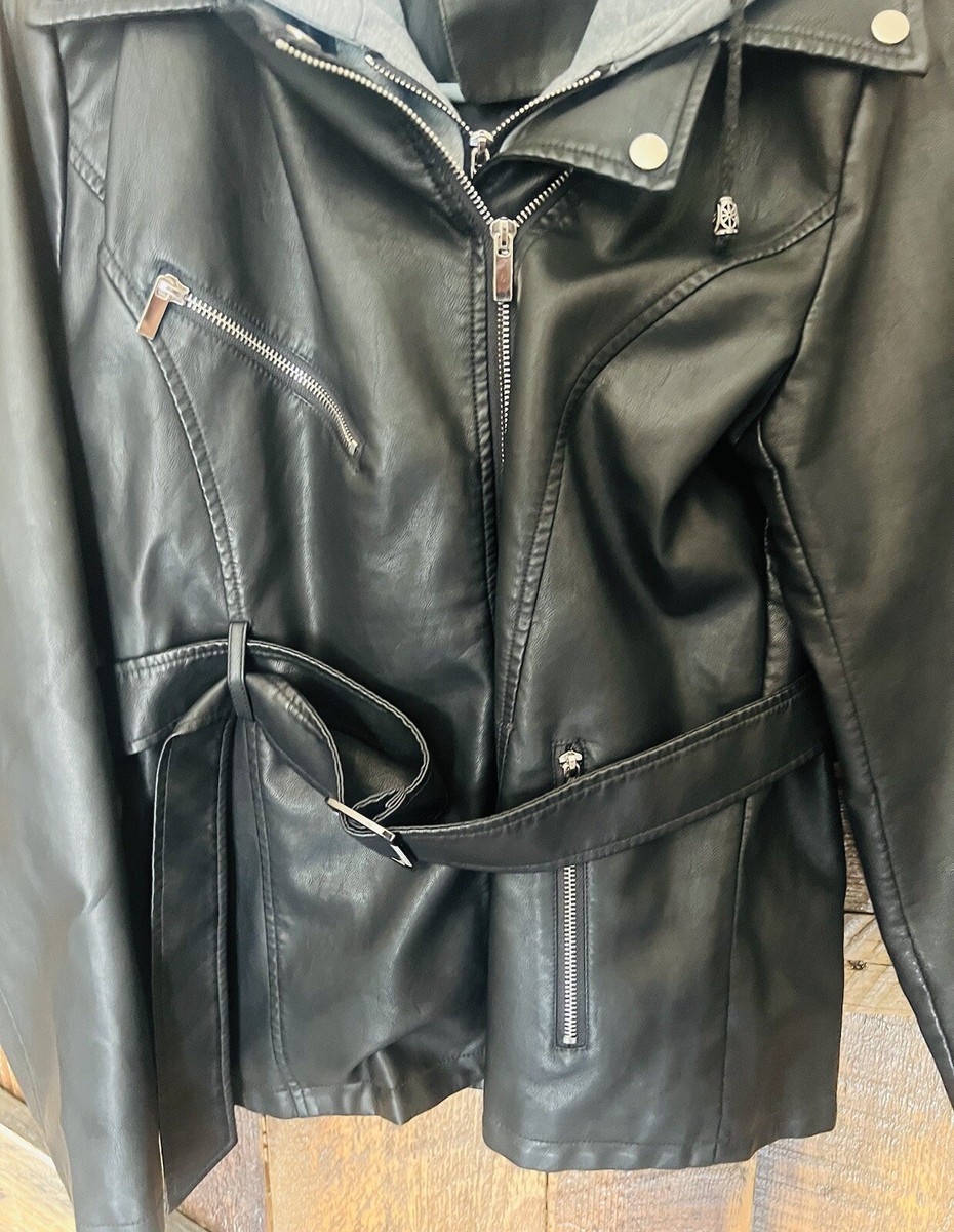 Yadanluwa Women's Faux Leather black Moto Biker Hoodie Coat Size L