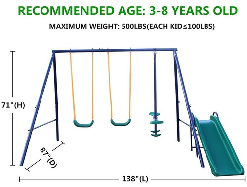 Kids Metal Swing Sets for Backyard,3 in 1 Kids Swing Set,w/ Swing,Glider,Slide - Picture 2 of 9